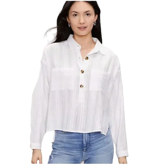 NWT LOFT White Pocket Oversized Henley Shirt - Picture 1 of 10